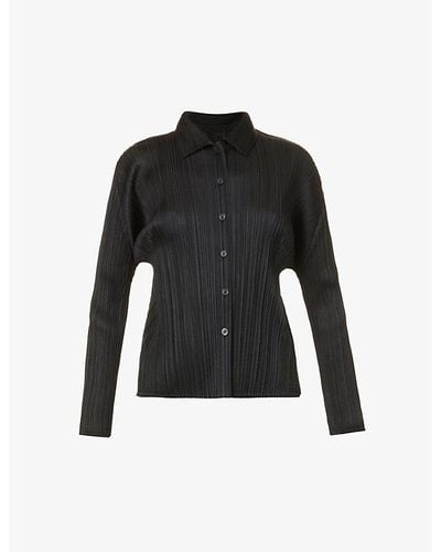 Pleats Please Issey Miyake Pleated Collared Relaxed-fit Knitted Shirt - Black