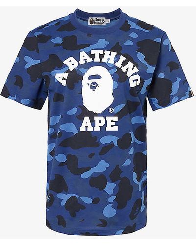 A Bathing Ape Camo University Logo-print Cotton-jersey T-shirt - Blue