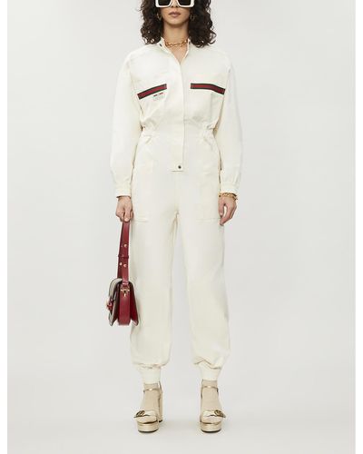 Gucci Embroidered Stripe-trim Cotton Jumpsuit - Natural