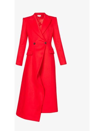 Alexander McQueen Asymmetric-hem Double-breasted Slim-fit Wool Coat - Red