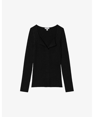 Reiss Monica Open-collar Stretch Rib-knit Top - Black