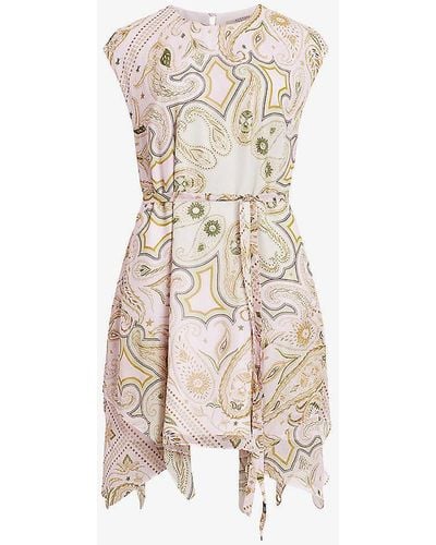 AllSaints Audrina Graphic-print Tie-waist Woven Mini Dress - Natural