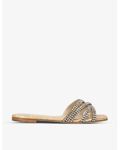 Gina Portland Crystal-embellished Croc-embossed Leather Sandals - Natural