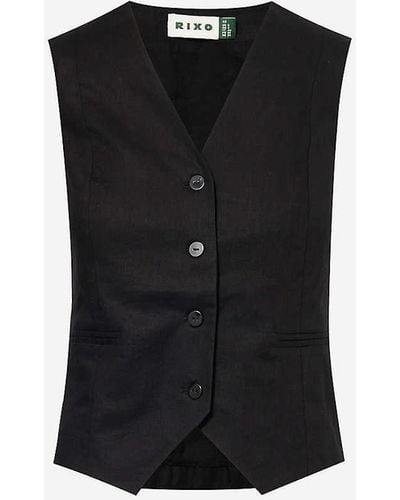 RIXO London Norah V-neck Cotton And Linen-blend Top - Black