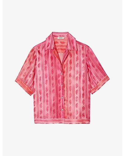 Sandro Paisley-print Cropped Silk Shirt - Pink