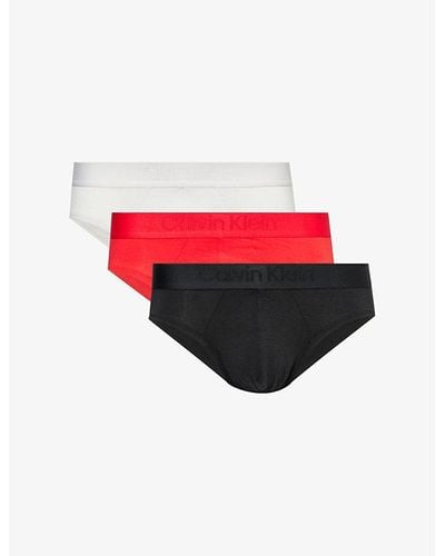 Calvin Klein Branded-waistband Mid-rise Pack Of Three Stretch-jersey Briefs - Red