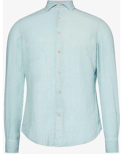 Eleventy Spread-collar Regular-fit Linen Shirt - Blue