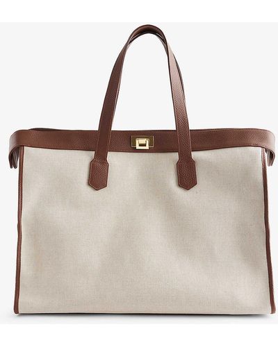 Eleventy Brand-embossed Leather-trimmed Cotton Tote Bag - Natural