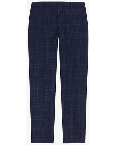 Ted Baker Check Regular-fit Straight-leg Stretch Wool-blend Trousers - Blue