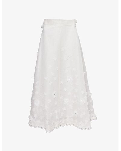 Zimmermann Lift Off Floral-appliqué Linen-blend Midi Skirt - White