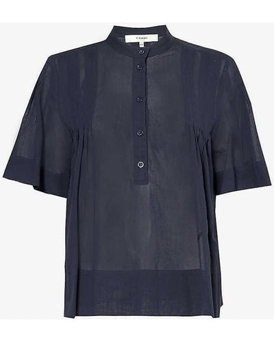 FRAME Pleated Short-sleeved Cotton Blouse - Blue