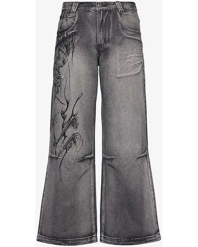 Jaded London Colossus Abstract-print Wide-leg Denim-blend Jeans - Grey