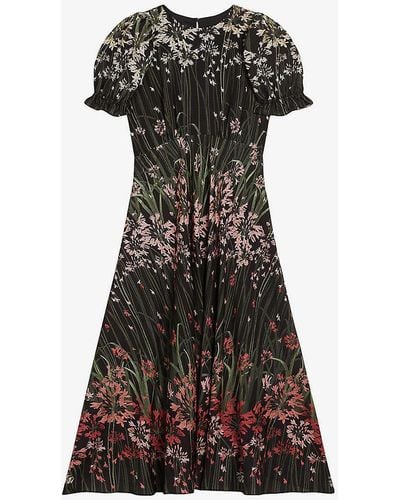 Ted Baker Ruched-sleeve Floral-print Woven Midi Dress - Black