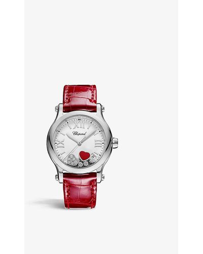 Chopard 278582-3005 Happy Sport Stainless-steel, 0.24ct Diamond And Red-stone Quartz Watch - White