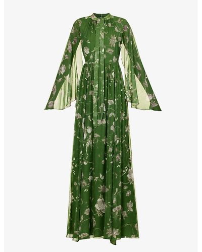 Erdem Floral-print High-neck Silk Maxi Dress - Green