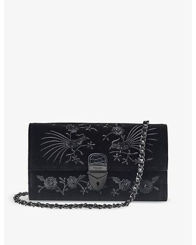 Aspinal of London Mayfair Flower-embroidered Leather Clutch Bag - Black