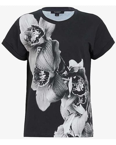 AllSaints Anna Eulo Floral-print Short-sleeve Organic-cotton T-shirt - Black