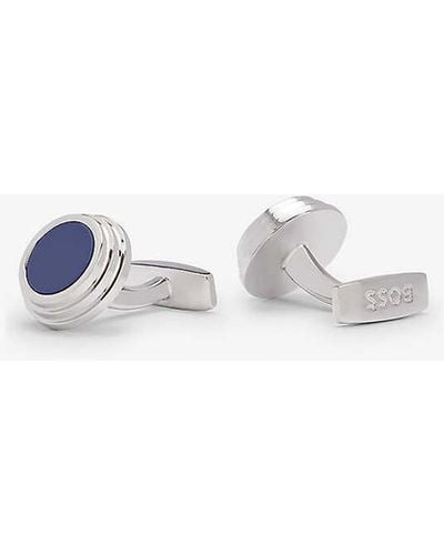 BOSS Logo-engraved Silver-tone Metal And Enamel Cufflinks - White