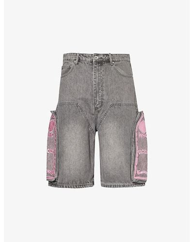 Who Decides War Motif-embroidered Brand-patch Denim Shorts - Gray