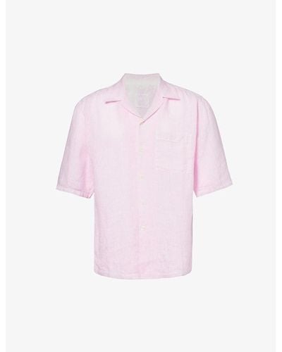 120% Lino Short-sleeve Patch-pocket Regular-fit Linen Shirt - Pink