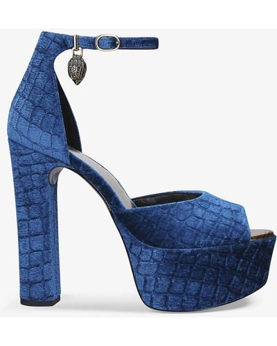 Kurt Geiger Blue Textile Shoreditch Croc Embossed Velvet Platform Sandals
