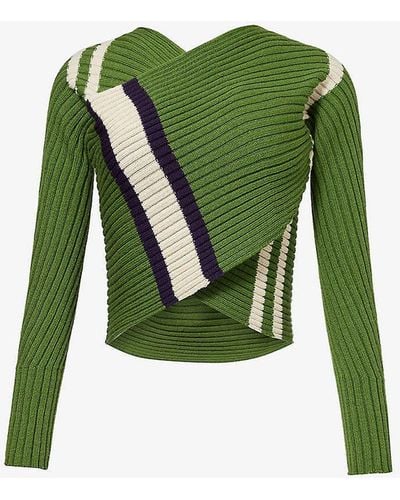 Dries Van Noten Contrast-stripe Wrap-over Wool-blend Jumper - Green