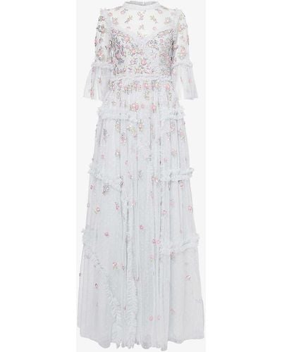 Needle & Thread Sequin-embellished Frill-trim Recycled-polyester Maxi Dress - White