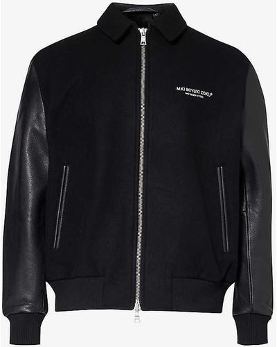MKI Miyuki-Zoku Brand-embroidered Leather-sleeve Wool-blend Jacket X - Black