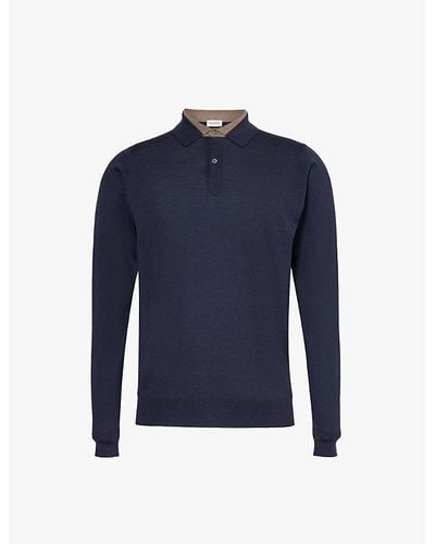 John Smedley Colour-block Long-sleeved Wool Polo Shirt X - Blue