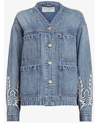 AllSaints Terri Embroidered Denim Jacket - Blue
