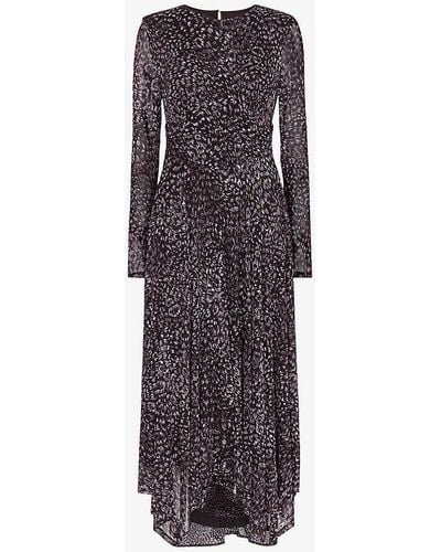 Whistles Feather Leopard-print Stretch-recycled Polyester Midi Dress - Purple