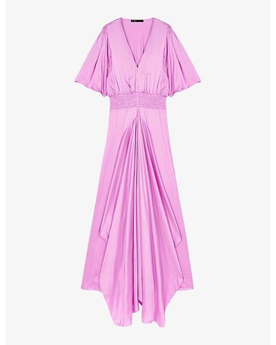 Maje V-neck Shirred-waist Woven Midi Dress - Pink