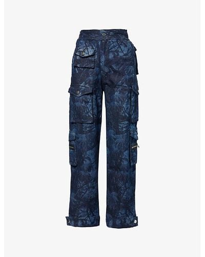 EB DENIM Abstract-print Straight-leg High-rise Denim Cargo Pants - Blue