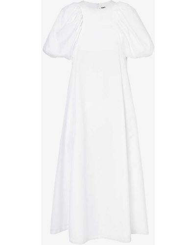 Noir Kei Ninomiya Puff-sleeved Flared-hem Cotton-poplin Midi Dress - White