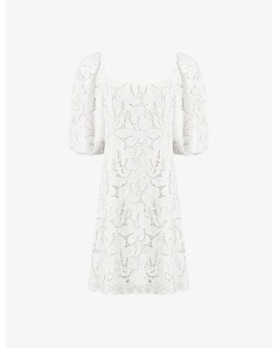 Ro&zo Square-neck Puff-sleeve Lace Woven Mini Dress - White