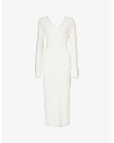 Amy Lynn V-neck Rib-knitted Midi Dress - White