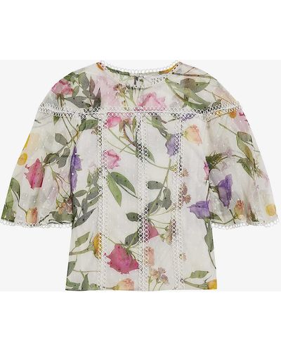 Ted Baker Floral-print Lace-trim Stretch-woven Top - White