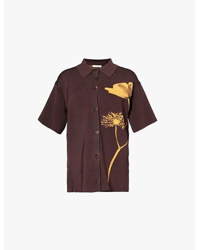 Ph5 Flower-print Relaxed-fit Stretch-recycled-viscose Blend Polo Shirt - Brown