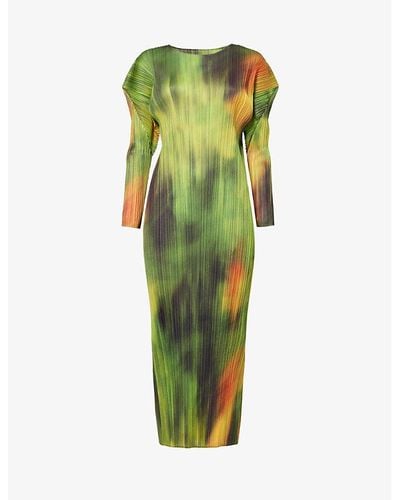 Pleats Please Issey Miyake Turnip And Abstract-pattern Knitted Midi Dress - Green