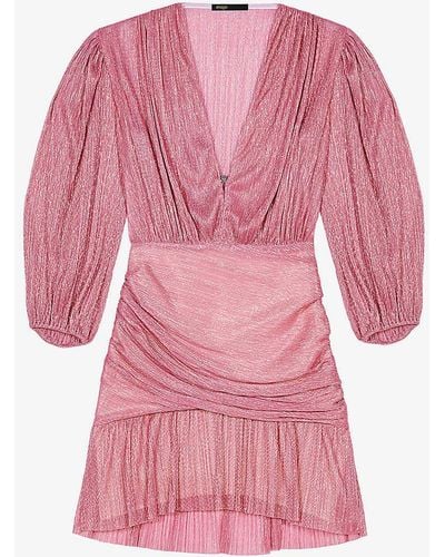 Maje Tiered Metallic Woven Mini Dress - Pink