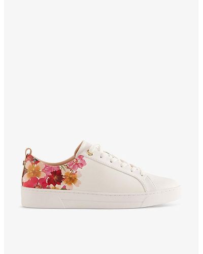 Ted Baker Alissn Floral-print Leather-blend Low-top Trainers - White