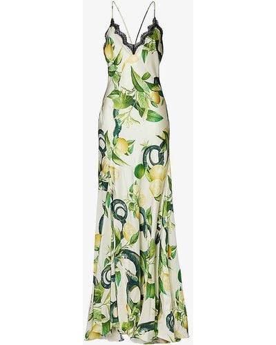 Roberto Cavalli V-neck Graphic-print Silk Maxi Dress - Green