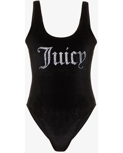 Juicy Couture Brand-embossed Rhinestone-embellished Velvet Swimsuit - Black