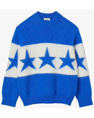 Sandro Contrasting-stripe Star-motif Stretch-knit Jumper - Blue