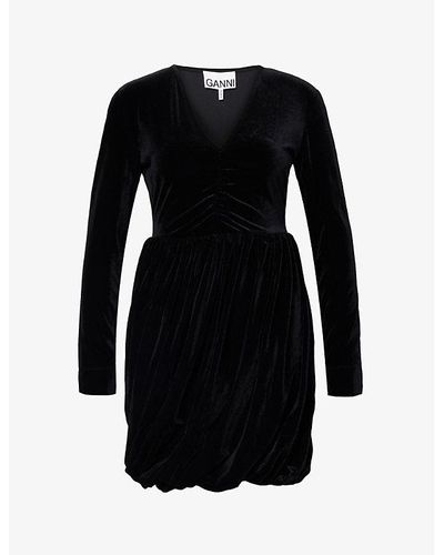 Ganni V-neck Velvet-texture Stretch Recycled Polyester-blend Mini Dress - Black
