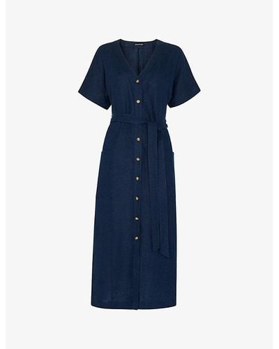 Whistles Vy Button-fastened Belted Linen Midi Dress - Blue