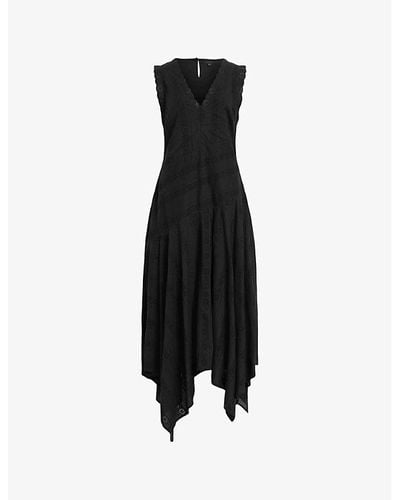 AllSaints Avania Handkerchief-hem Organic-cotton Midi Dress - Black
