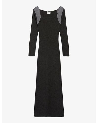 Claudie Pierlot Square-neck Contrast-knit Wool-blend Midi Dress - Black