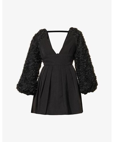 Amy Lynn V-neck Pleated Woven Mini Dress - Black