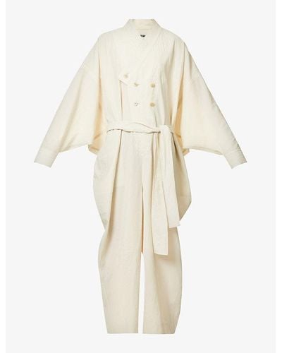 Issey Miyake Double-breasted Pleated Knitted Coat - Natural